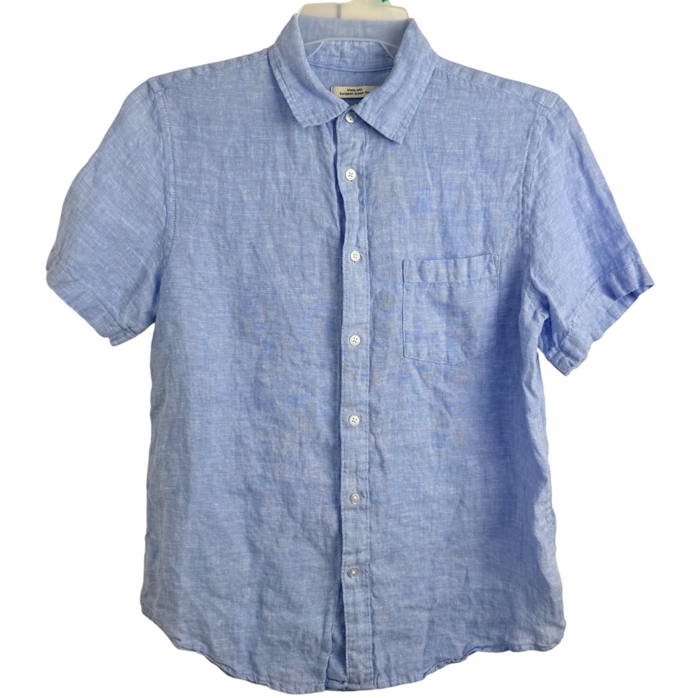 Thom Aaron Linen Shirt Medium Blue Short Sleeve Button Down Coastal Minimalist